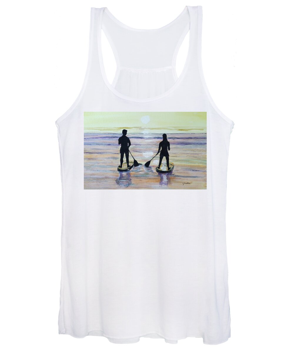 Ocean Women's Tank Top featuring the painting Paddleboard Sunset by Claudette Carlton
