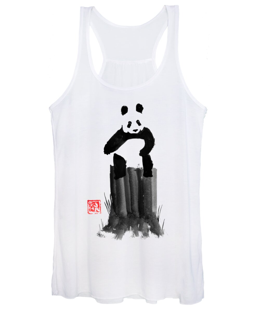 Panda Women's Tank Top featuring the drawing Panda On His Tree by Pechane Sumie