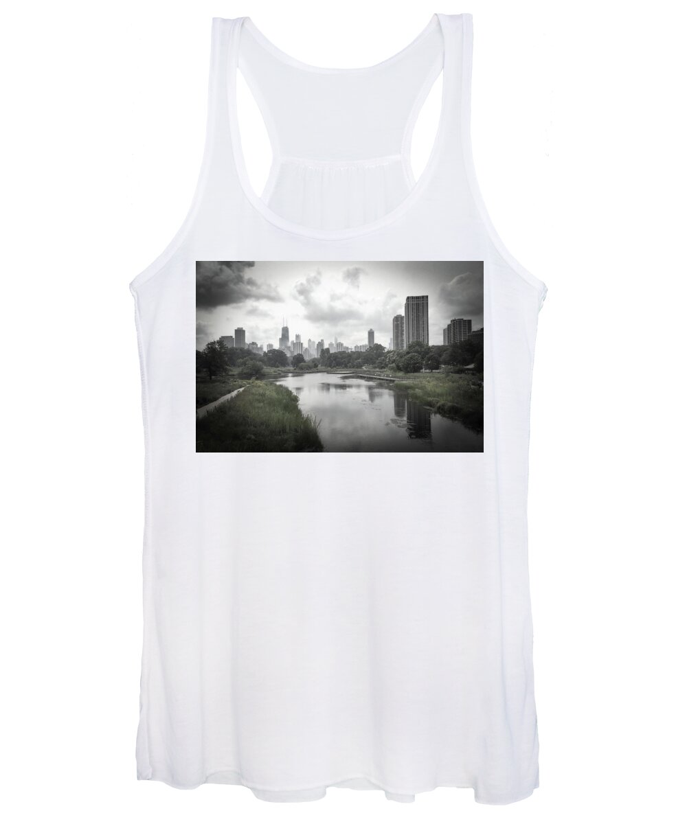 Lincoln Park Nature Walk Women's Tank Top featuring the photograph Park Pond Skyline Reflection, Gray Day by Patrick Malon
