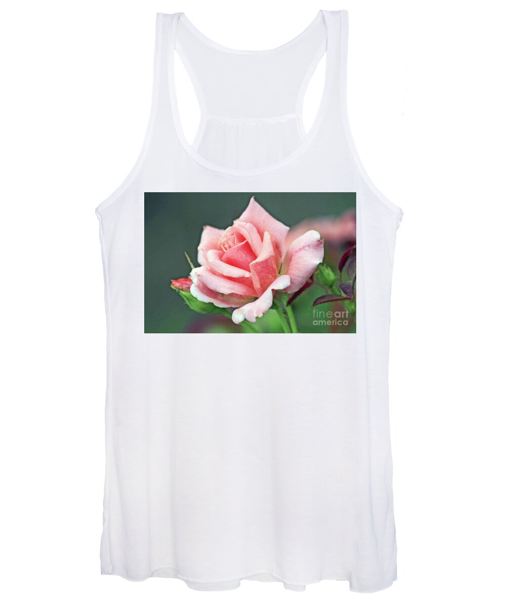 Rose; Pink; Petals; Rosebud; Flower; Close-up; Macro; Romantic; Botanical; Horizontal; Women's Tank Top featuring the digital art Pink Rose in Profile by Tina Uihlein