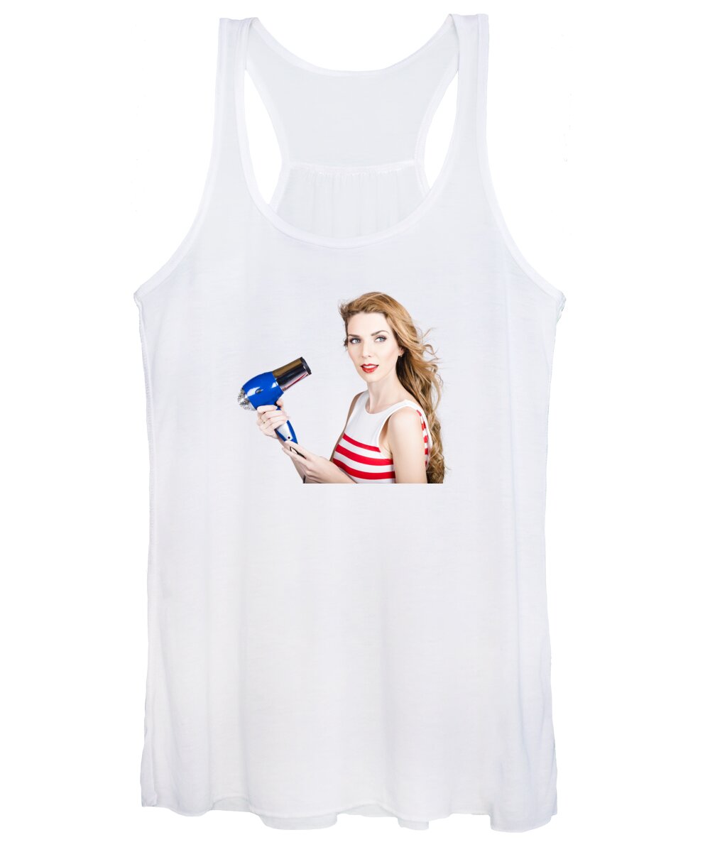 Hair Women's Tank Top featuring the photograph Pretty lady getting a blow dry hair style by Jorgo Photography
