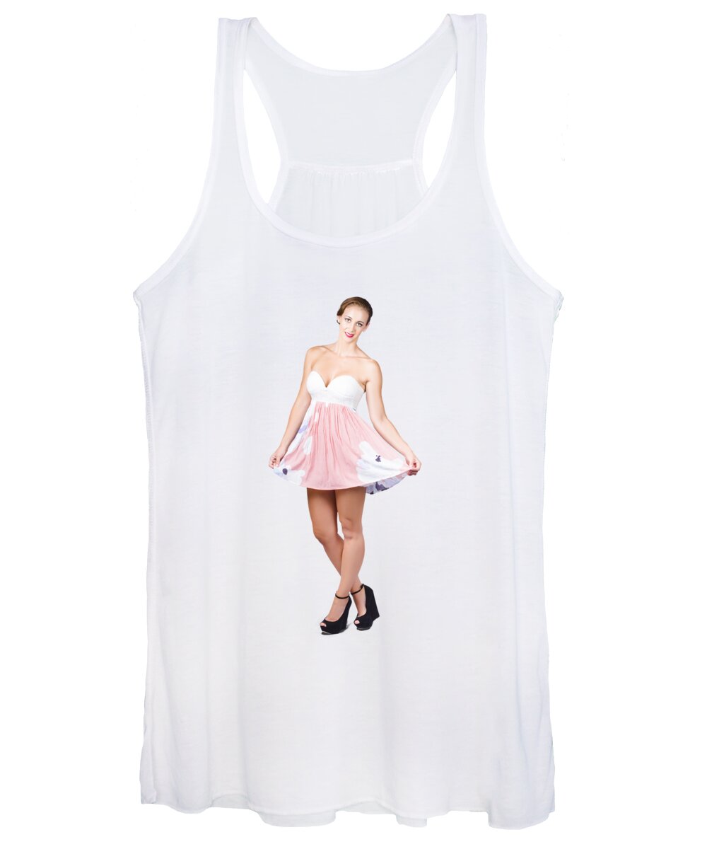 Elegance Women's Tank Top featuring the photograph Pretty woman in curtsy pose wearing pink dress by Jorgo Photography