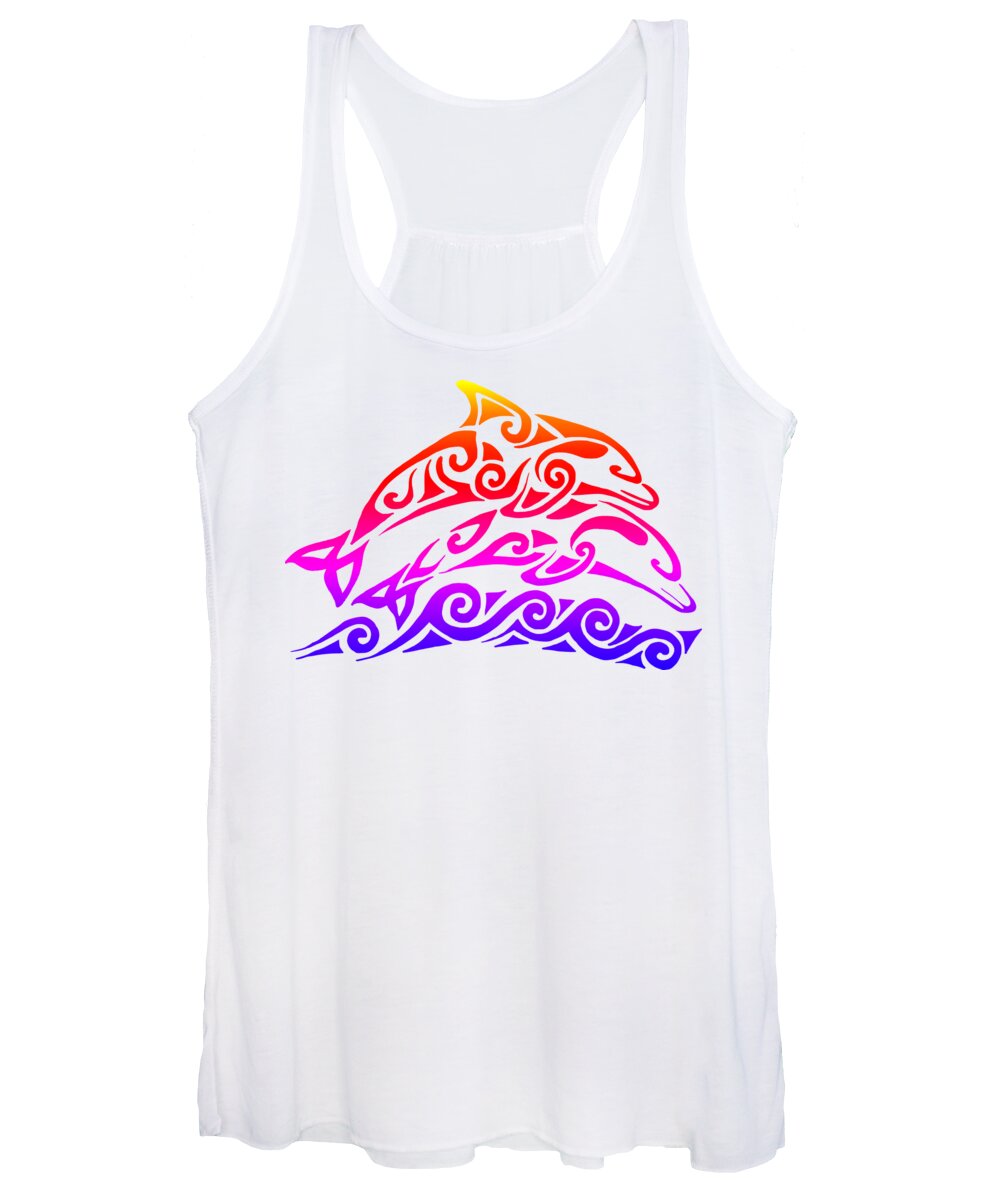 Dolphin Women's Tank Top featuring the mixed media Rainbow Tribal Dolphins by Rebecca Wang