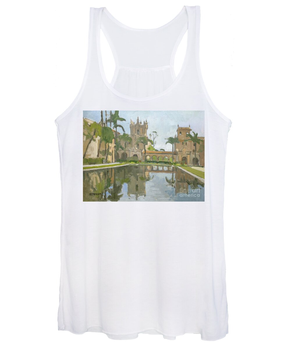 Reflection Pond Women's Tank Top featuring the painting Reflections in the Lily Pond - Balboa Park, San Diego, California by Paul Strahm