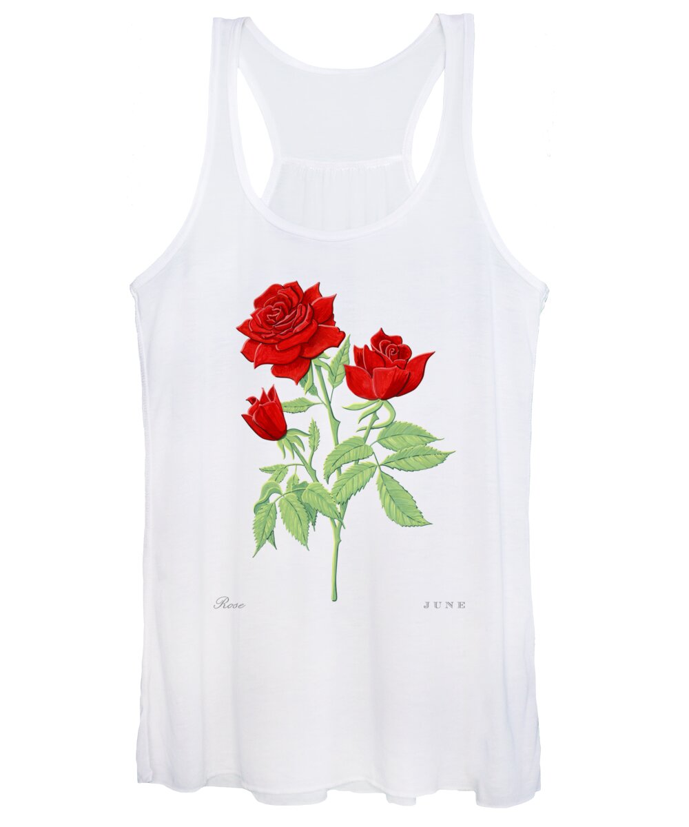 Rose Women's Tank Top featuring the painting Rose June Birth Month Flower Botanical Print on White - Art by Jen Montgomery by Jen Montgomery