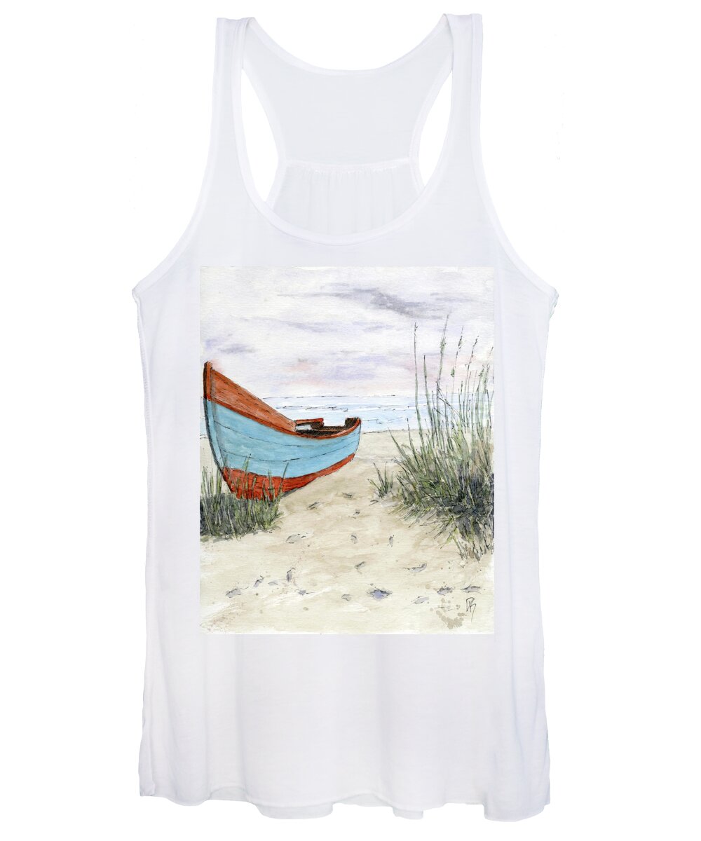 Row Boat Women's Tank Top featuring the mixed media Row Boat on the Beach by David King Studio