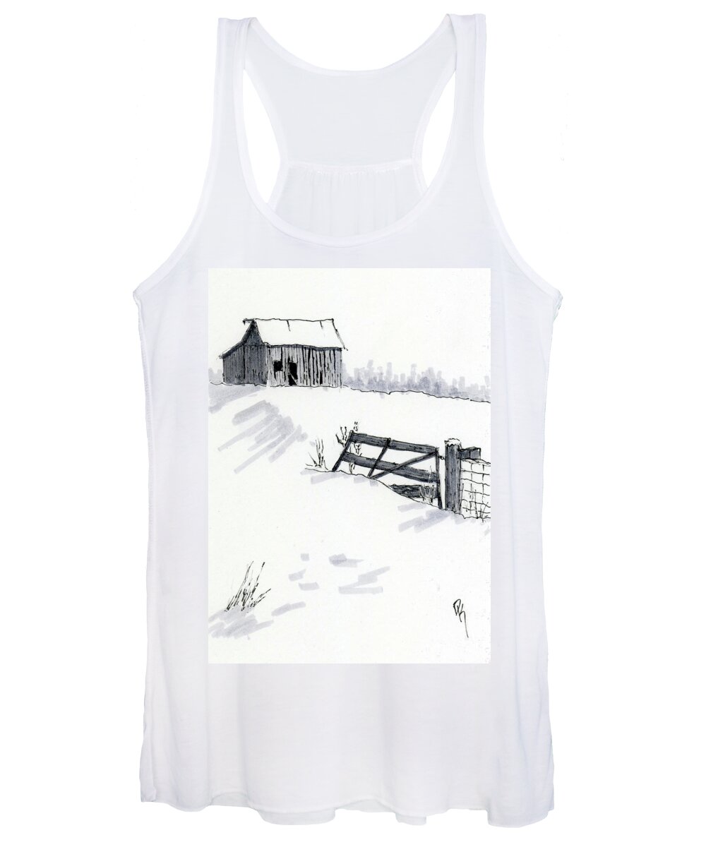 Shed Women's Tank Top featuring the drawing Rural Winter Landscape Pen Sketch by David King Studio