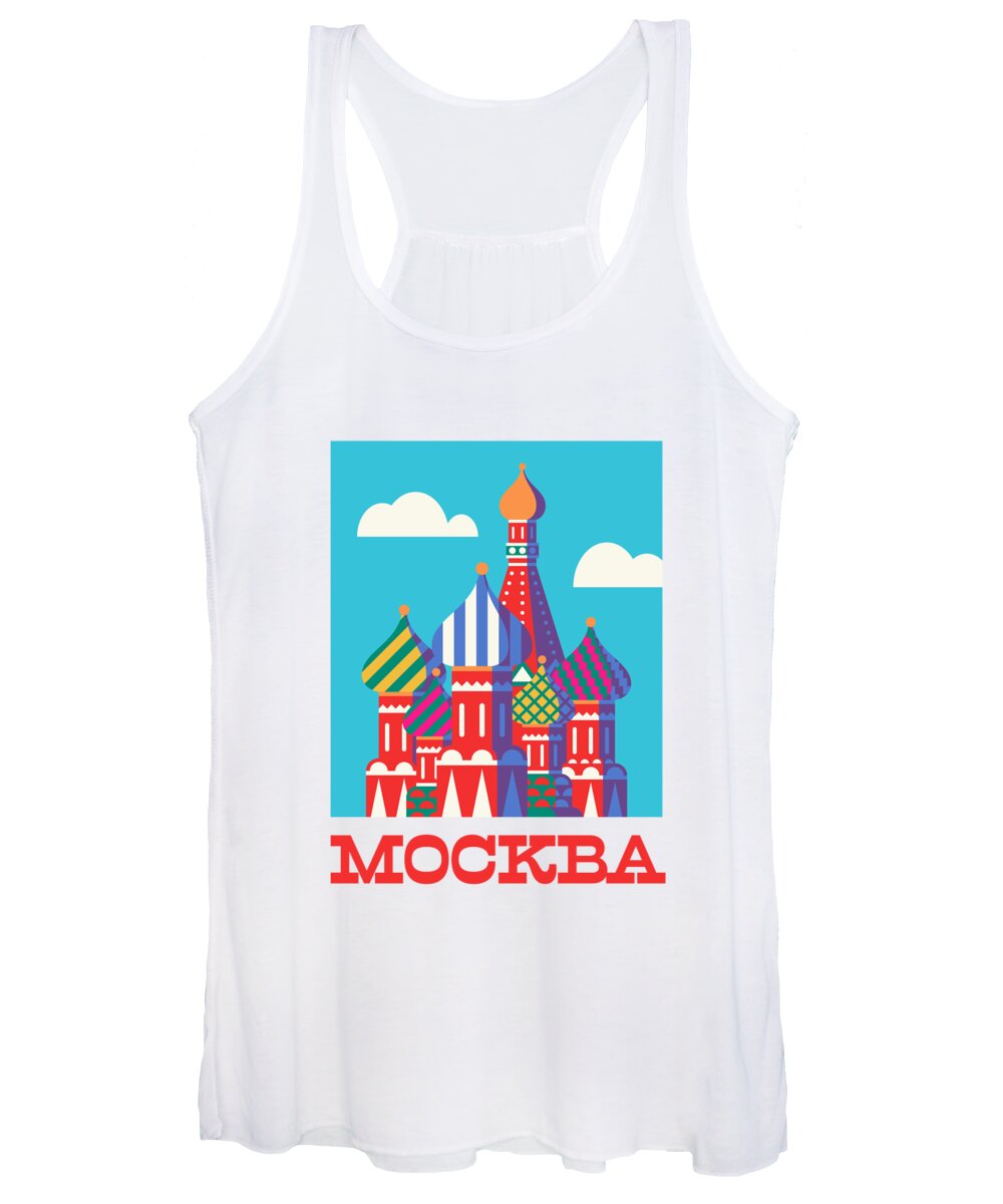 Retro Women's Tank Top featuring the digital art St Basil's Cathedral Russia Tourism Moscow - Cyan by Organic Synthesis