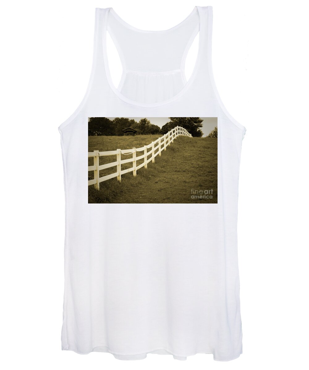 Paddock Women's Tank Top featuring the photograph Sepia Aged Fences 2 Rural Landscape Photograph by PIPA Fine Art - Simply Solid