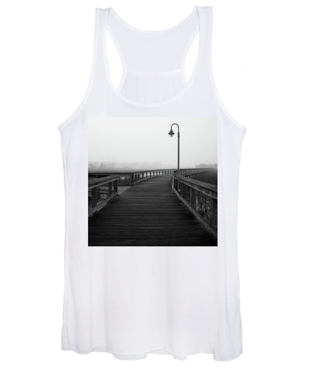 Shem Creek Women's Tank Top featuring the photograph Shem Creek Boardwalk Black and White by Donnie Whitaker