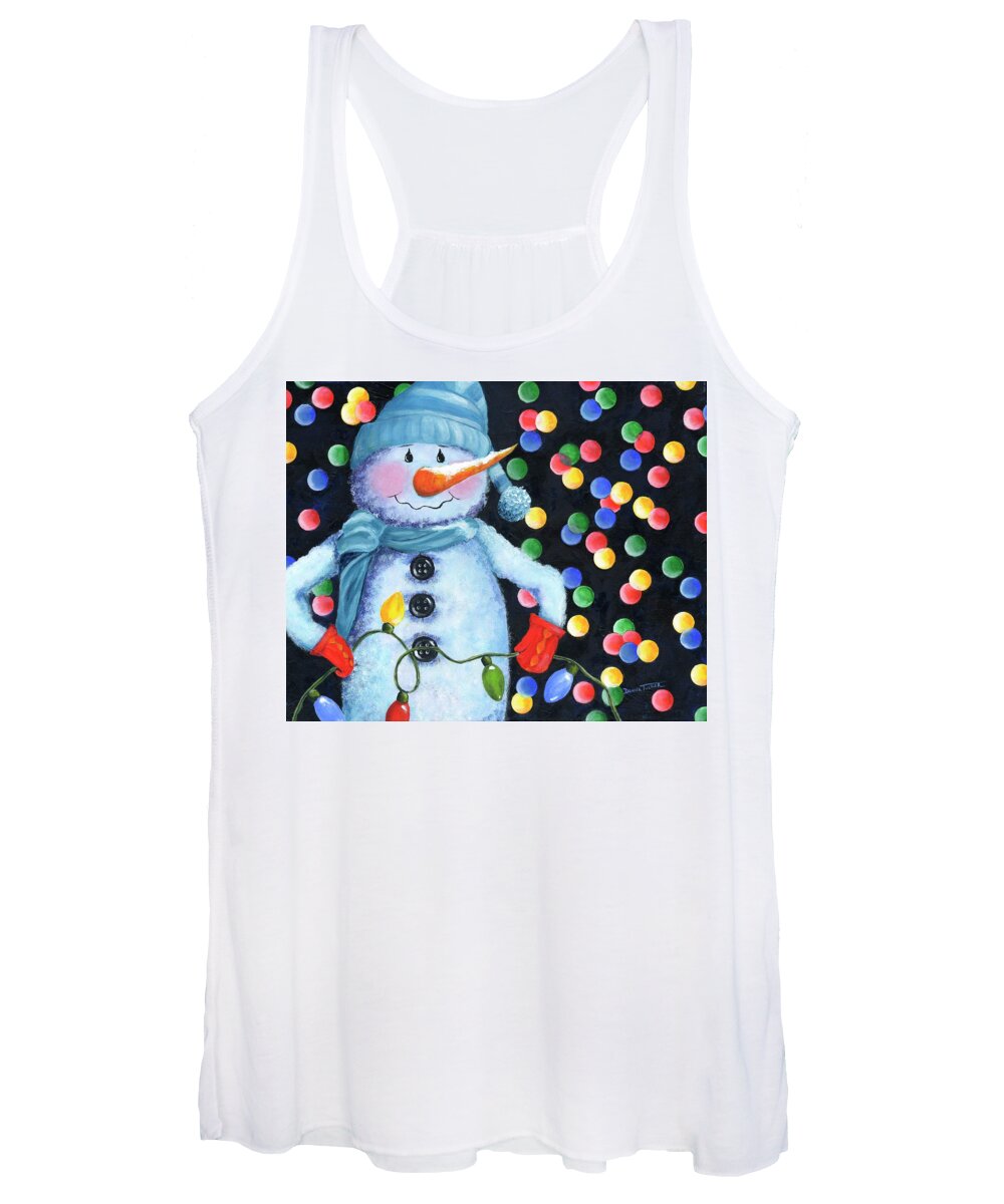Snowman Women's Tank Top featuring the painting Snowie with Twinkling Lights by Donna Tucker