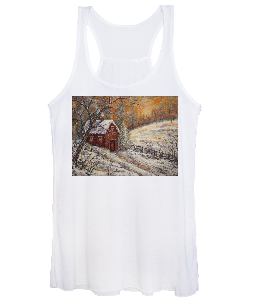 Landscape Women's Tank Top featuring the painting Snowy Sunset by Natalie Holland