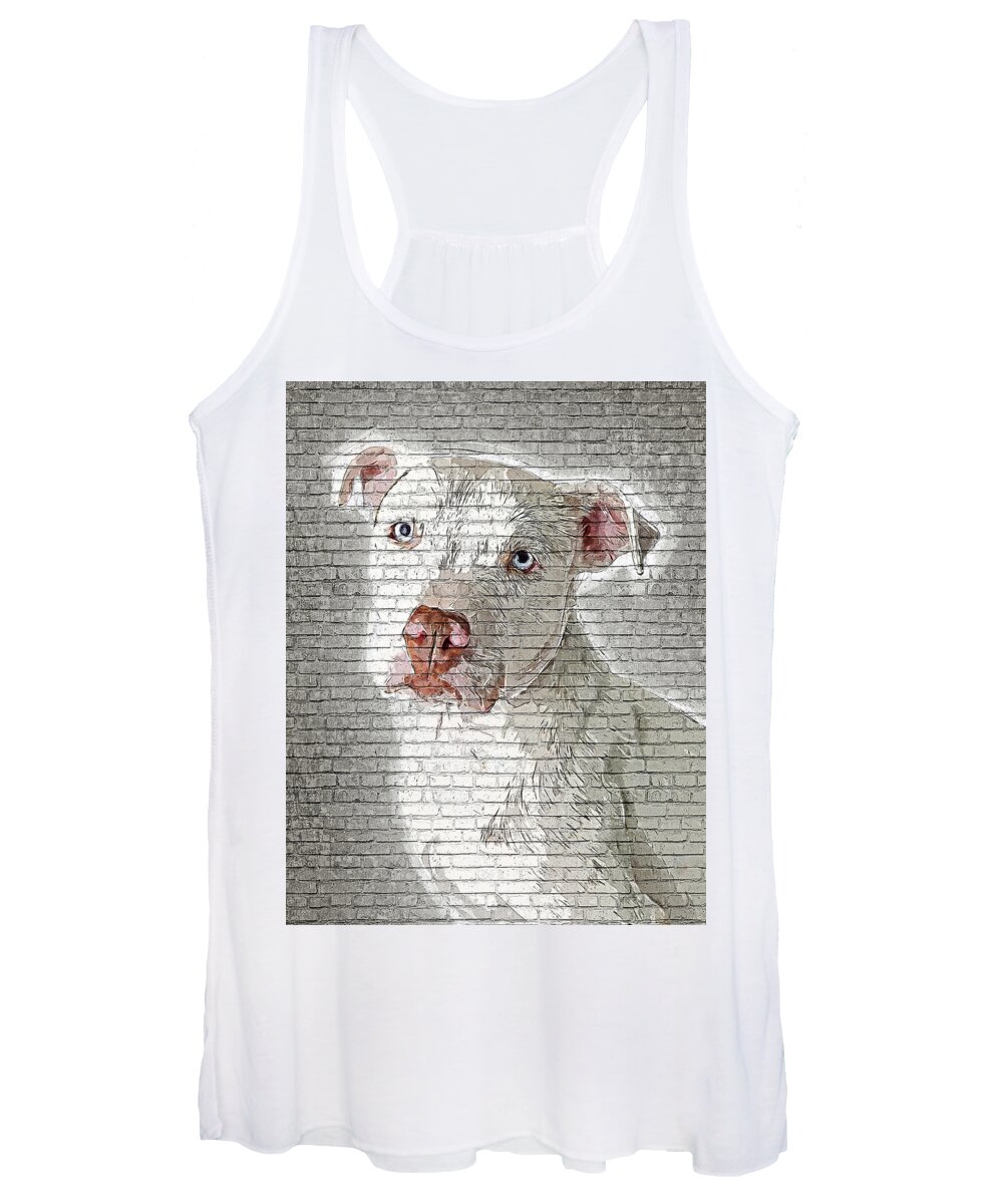 White Women's Tank Top featuring the painting So Cool and Beautiful - White Pit Bull - Brick Block Background by Custom Pet Portrait Art Studio