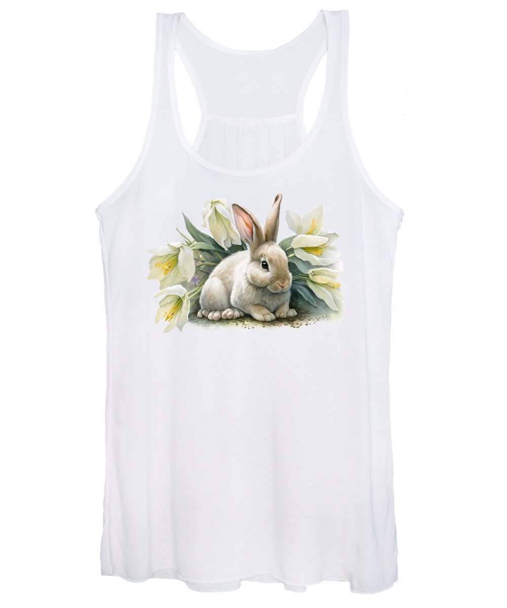 Easter Bunny Women's Tank Top featuring the digital art Springtime Delights - A Watercolour Easter Bunny and Lilies by John Twynam