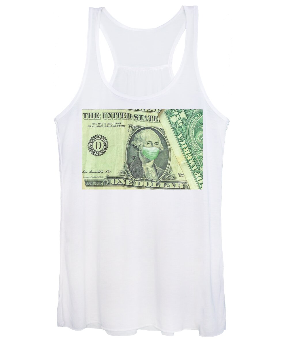 Mask Women's Tank Top featuring the photograph Surgical mask on George Washington one American dollar by Benny Marty