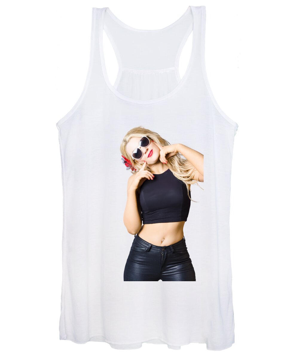 Girl Women's Tank Top featuring the photograph Surprised pinup woman isolated on studio backgrond by Jorgo Photography