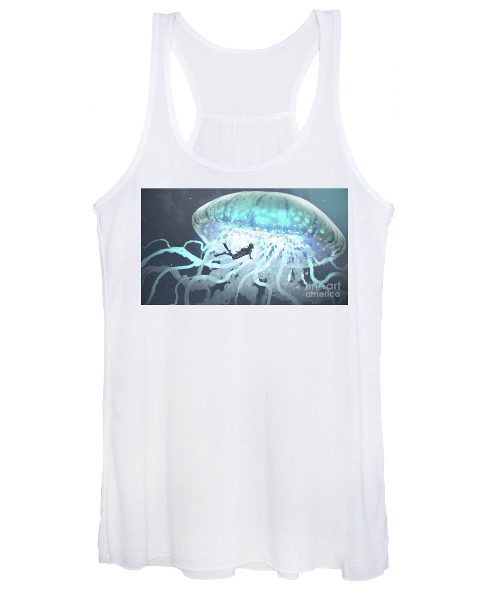 Illustration Women's Tank Top featuring the painting The Glowing Jellyfish On The Deep Sea by Tithi Luadthong