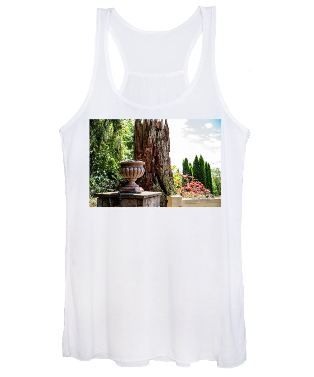 Tree Stump And Concrete Planter; Still Life; Contrast; Natural Art; Perspective; Balance; Mt. Vernon Women's Tank Top featuring the photograph Tree Stump and Concrete Planter by Tom Cochran