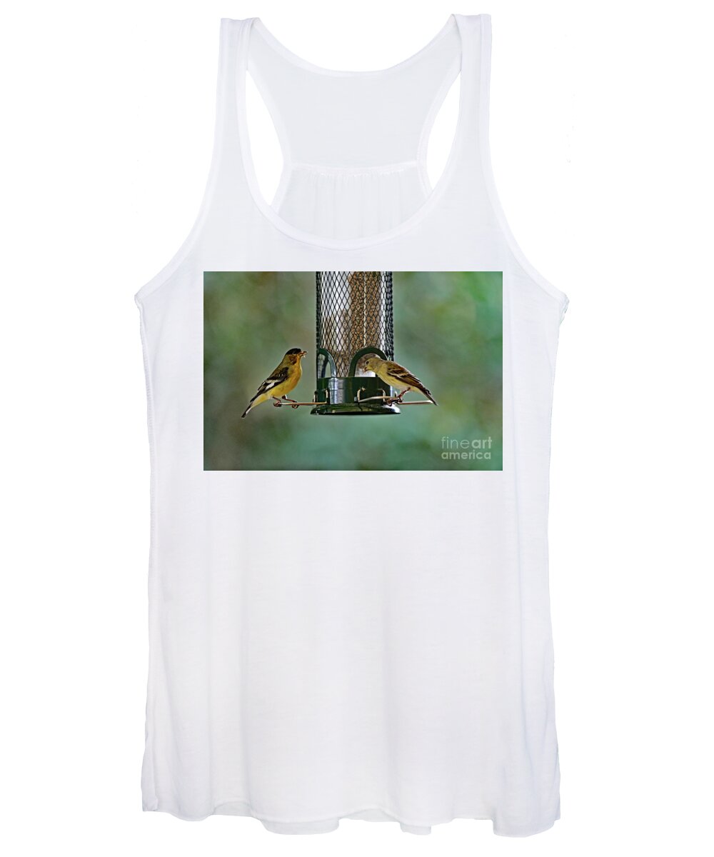 Lesser Goldfinch Women's Tank Top featuring the photograph Two Lesser Goldfinch at Feeder by Amazing Action Photo Video