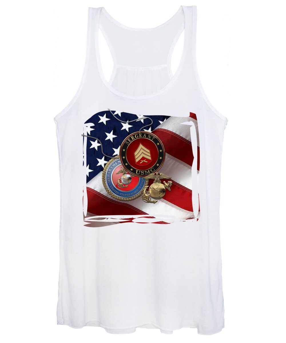 Military Insignia & Heraldry Collection By Serge Averbukh Women's Tank Top featuring the digital art U.S. Marine Sergeant - USMC Sgt Rank Insignia with Seal and EGA over American Flag by Serge Averbukh
