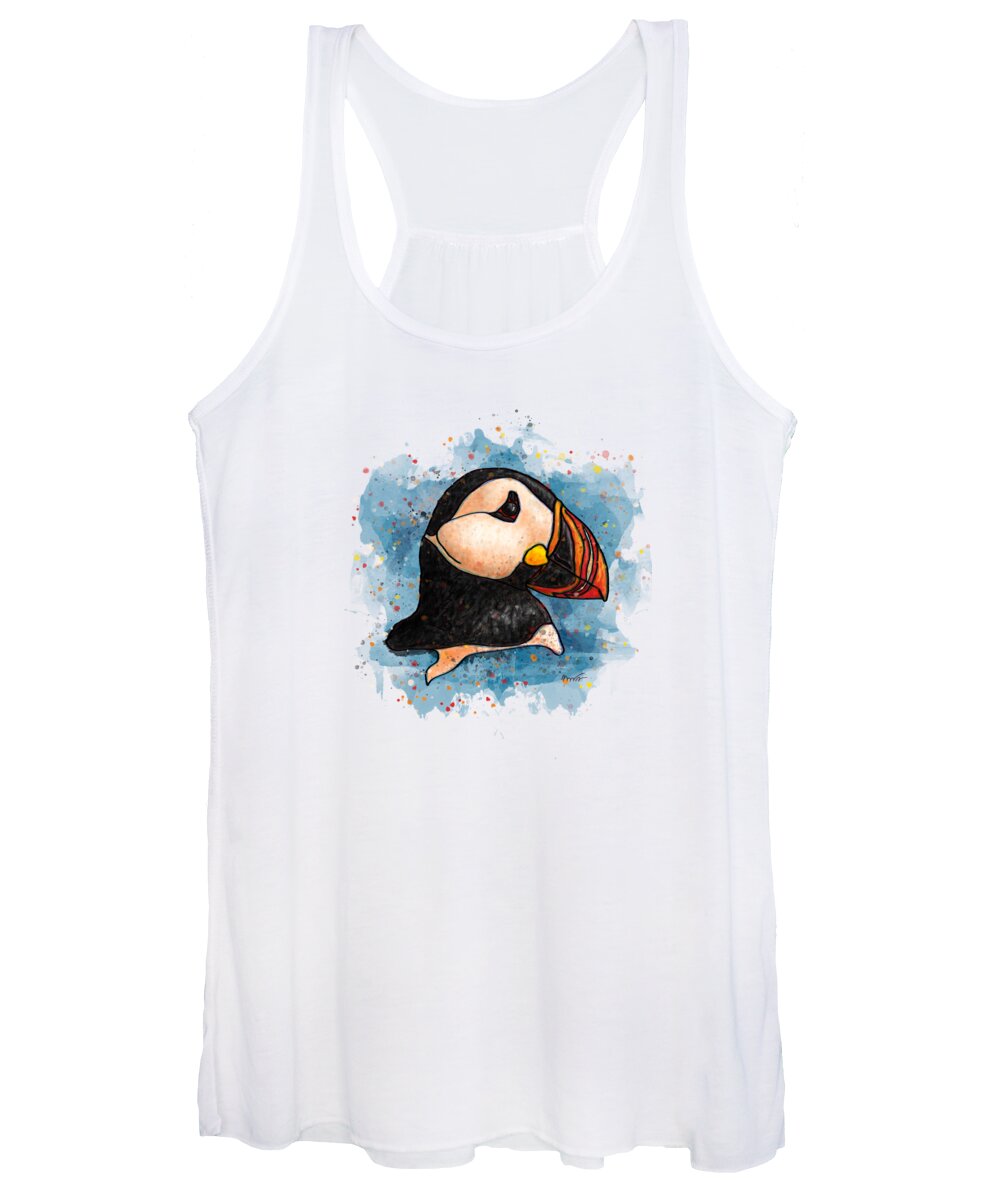 Watercolor Women's Tank Top featuring the painting Watercolor puffin splatter art, Puffin head by Nadia CHEVREL