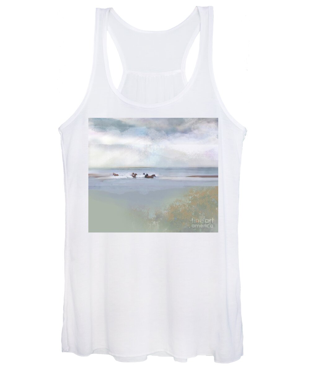Watercolor Women's Tank Top featuring the mixed media Wind and Water No. 6 Wild Horses of Ocracoke by Zsanan Studio