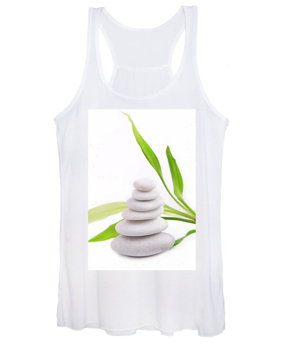 Closeup Women's Tank Top featuring the photograph Zen stones with bamboo isolated on white background by Severija Kirilovaite