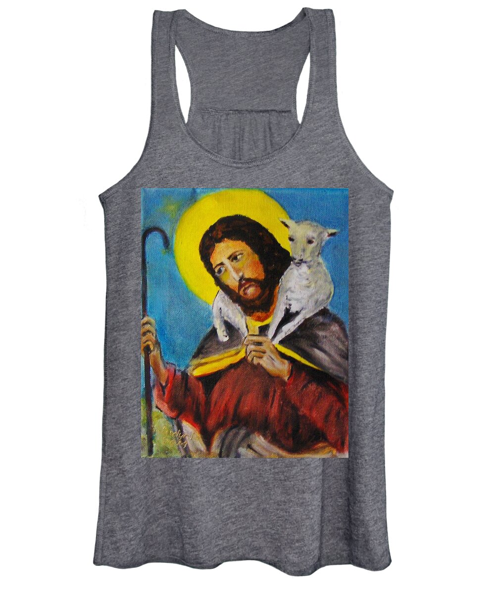 Art Women's Tank Top featuring the painting Jesus With A Lamb #1 by Ryszard Ludynia