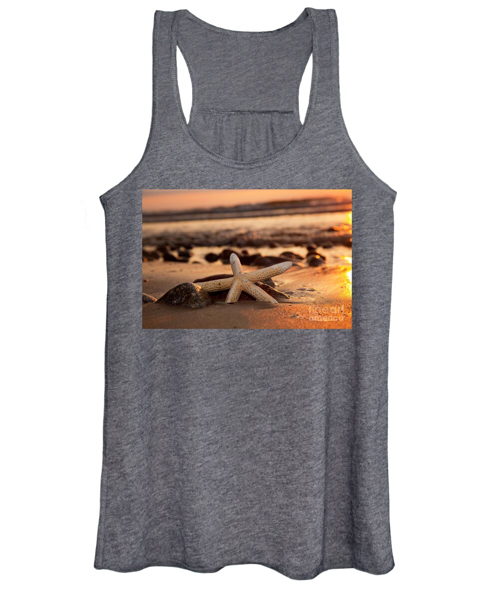 Starfish Women's Tank Top featuring the photograph Starfish on the beach at sunset #1 by Michal Bednarek