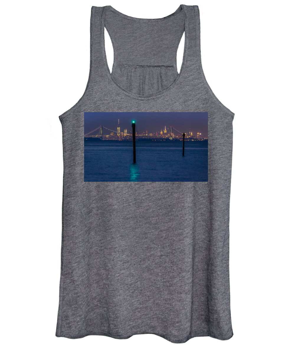 Bayshore Waterfront Women's Tank Top featuring the photograph Verrazano-Narrows bridge and NYC skyline from Port Monmouth #1 by SAURAVphoto Online Store