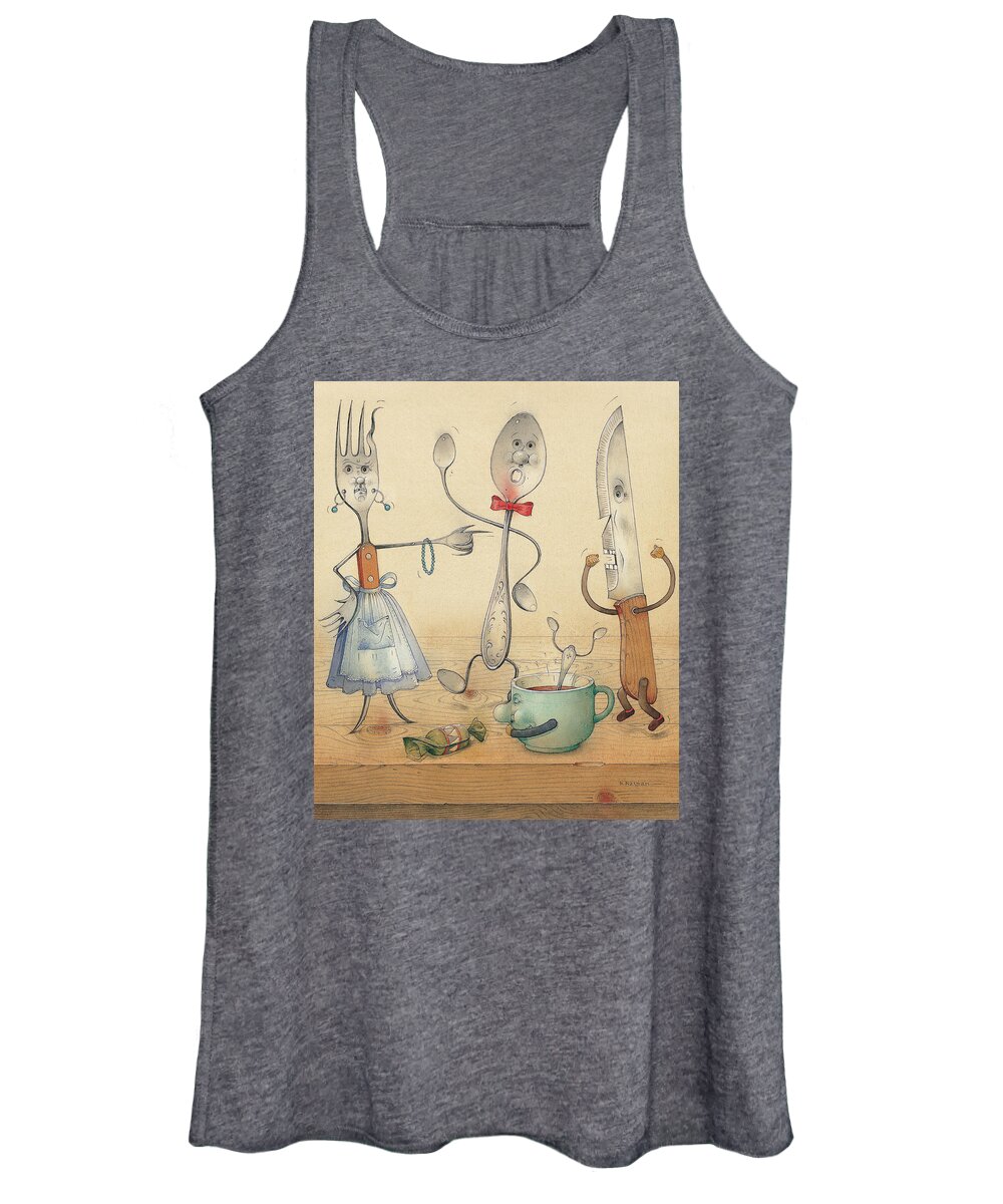 Kitchen Table Food Spoon Fork Knife Women's Tank Top featuring the painting Argument by Kestutis Kasparavicius