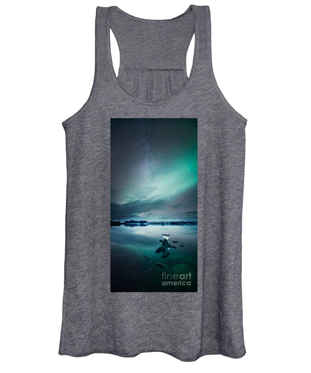 Aurora Women's Tank Top featuring the photograph Aurora borealis Northern lights over glacial lagoon in Iceland #1 by Matteo Colombo