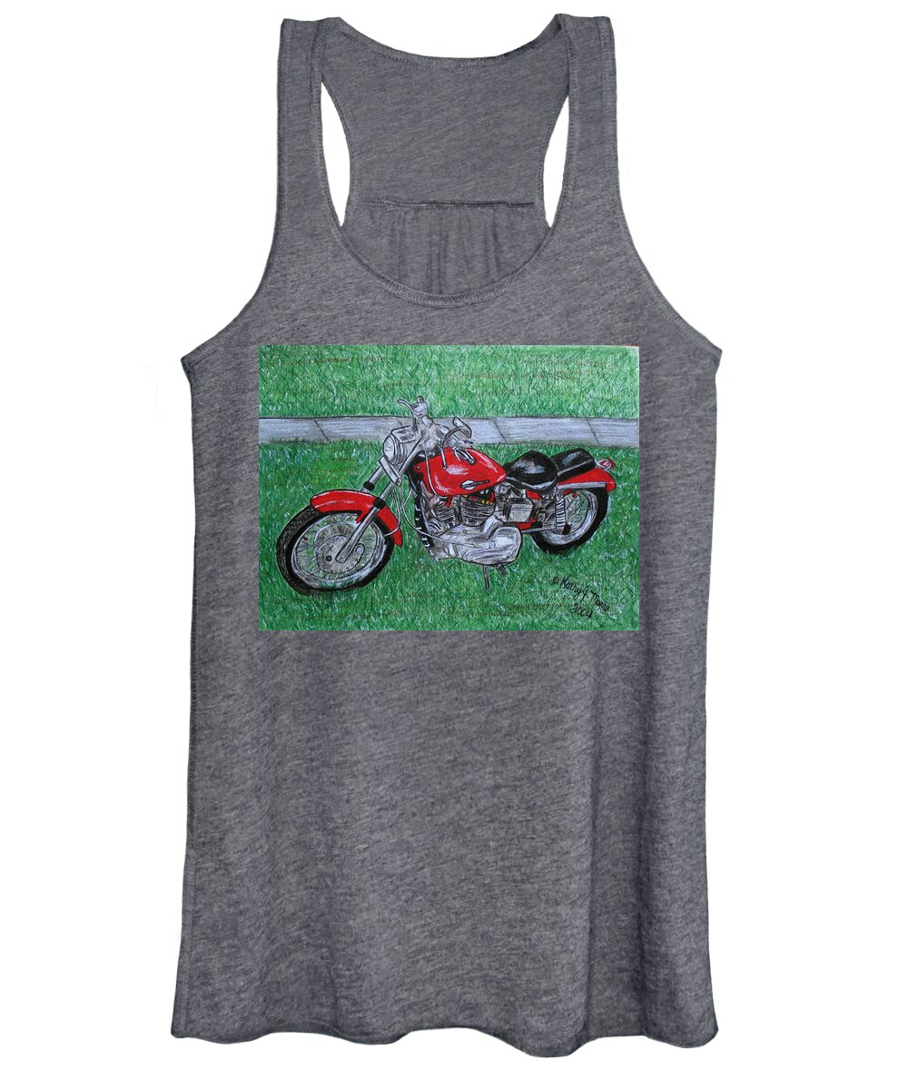 Harley Women's Tank Top featuring the painting Harley Red Sportster Motorcycle #1 by Kathy Marrs Chandler