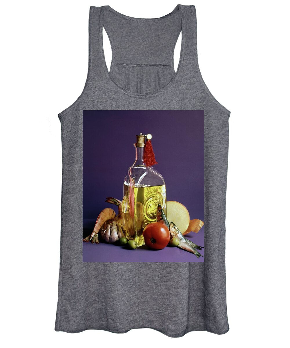 Food Women's Tank Top featuring the photograph A Bottle Of Olive Oil Surrounded By A Variety by Fotiades