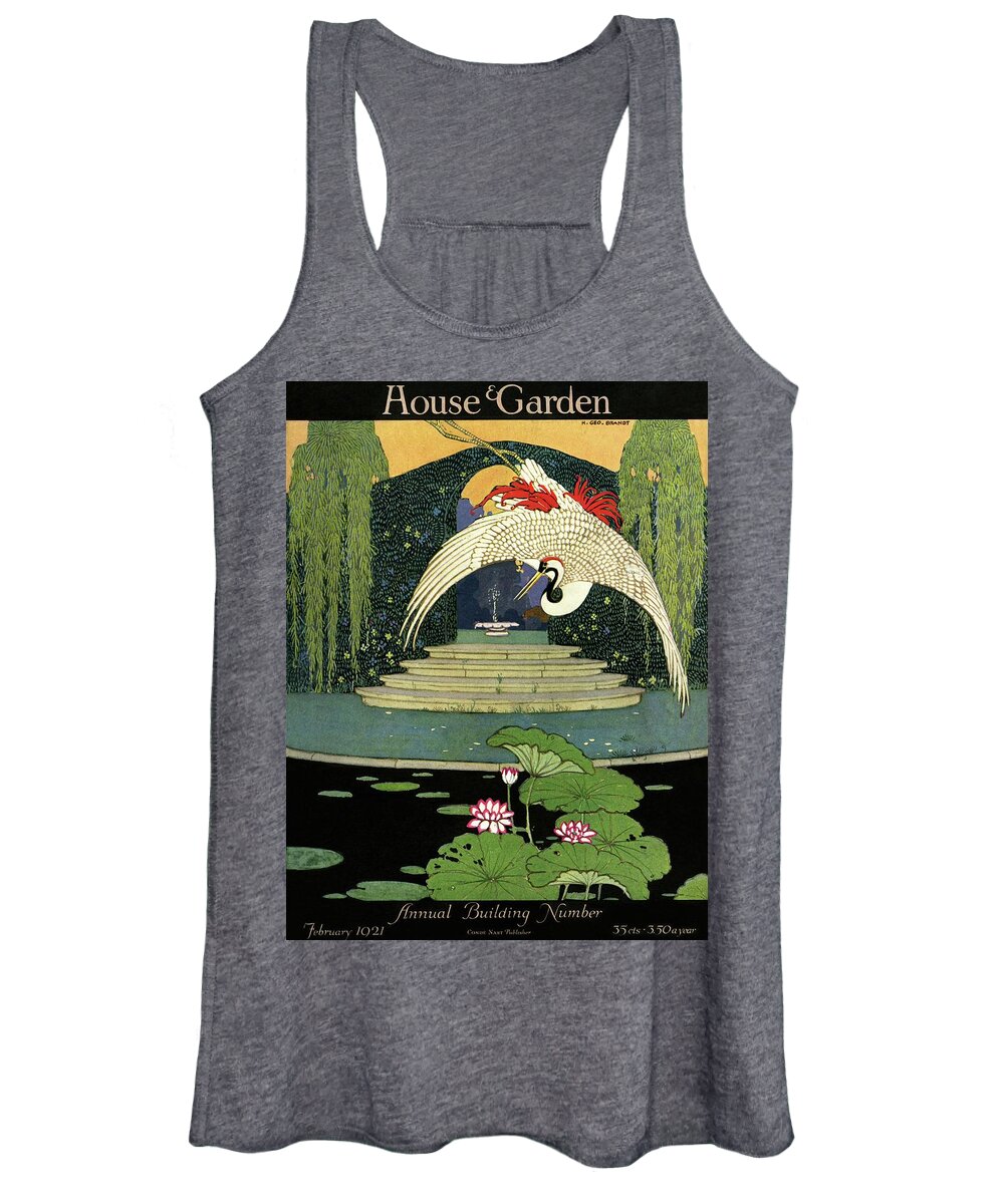 Illustration Women's Tank Top featuring the photograph A House And Garden Cover A Bird Over A Pond by H. George Brandt