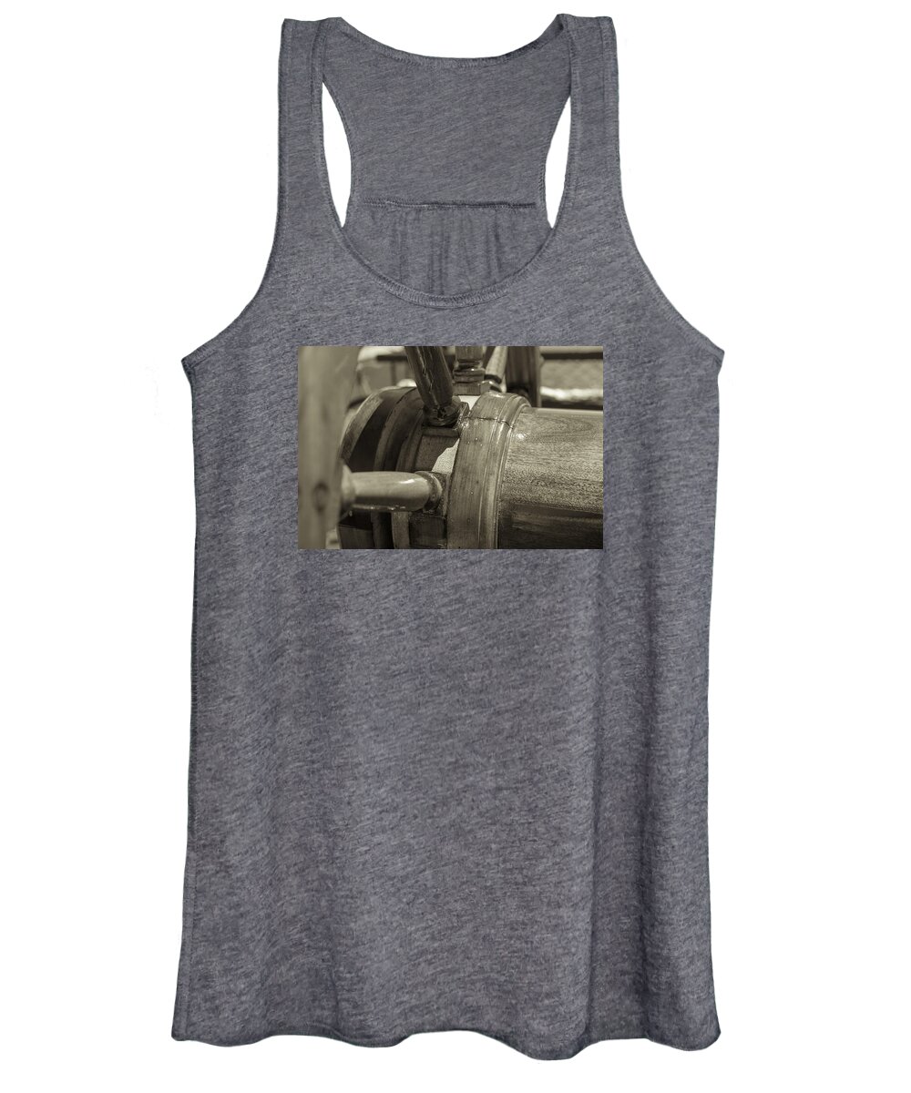 Ships Wheel Women's Tank Top featuring the photograph At The Helm Black and White Sepia by Scott Campbell