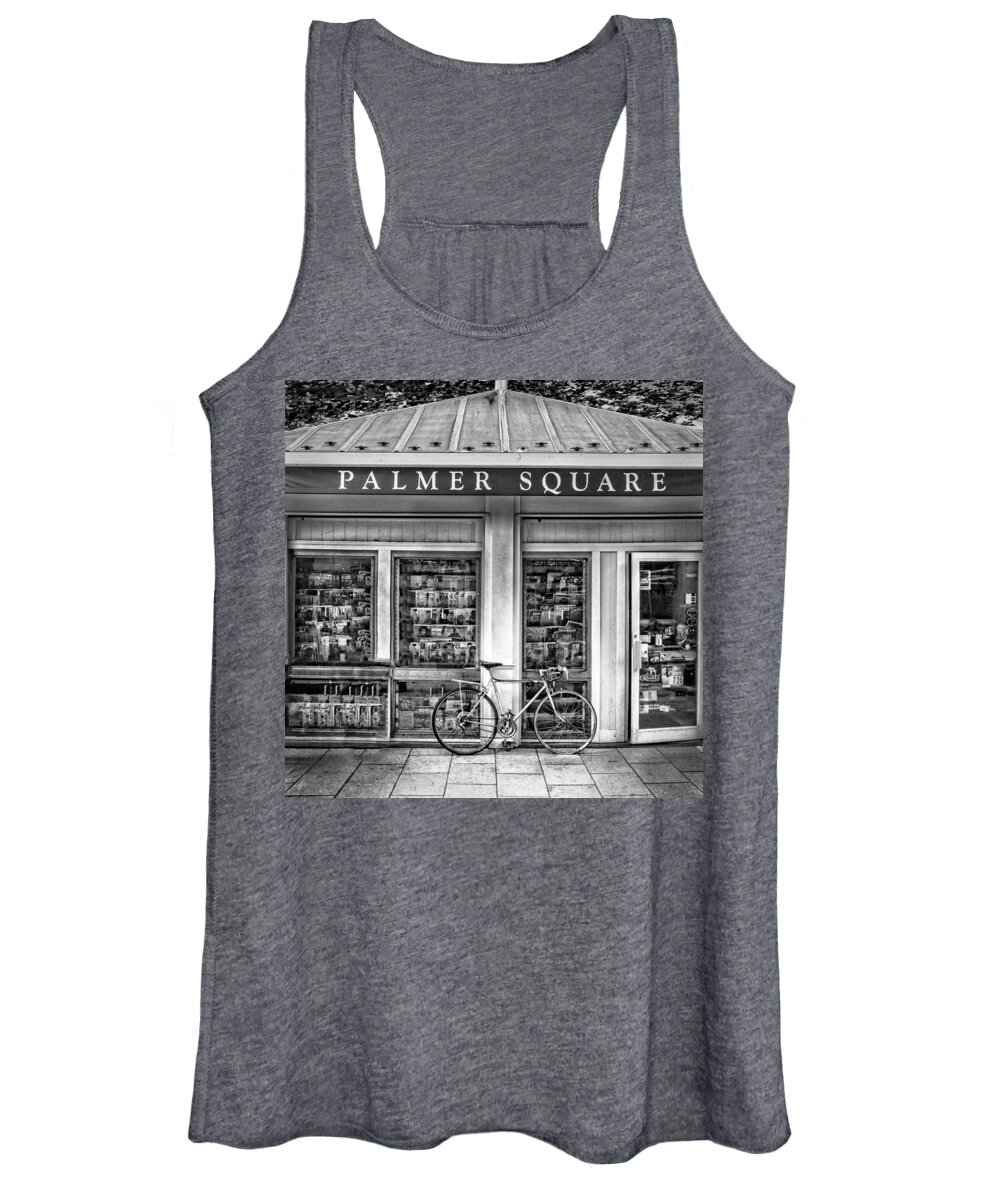 Bicycle Women's Tank Top featuring the photograph Bike At Palmer Square Book Store In Princeton by Ben and Raisa Gertsberg