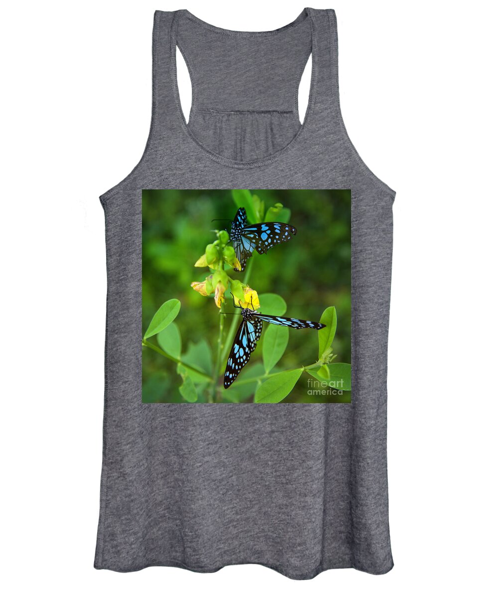Butterfly Women's Tank Top featuring the photograph Blue Butterflies In The Green Garden by Gina Koch