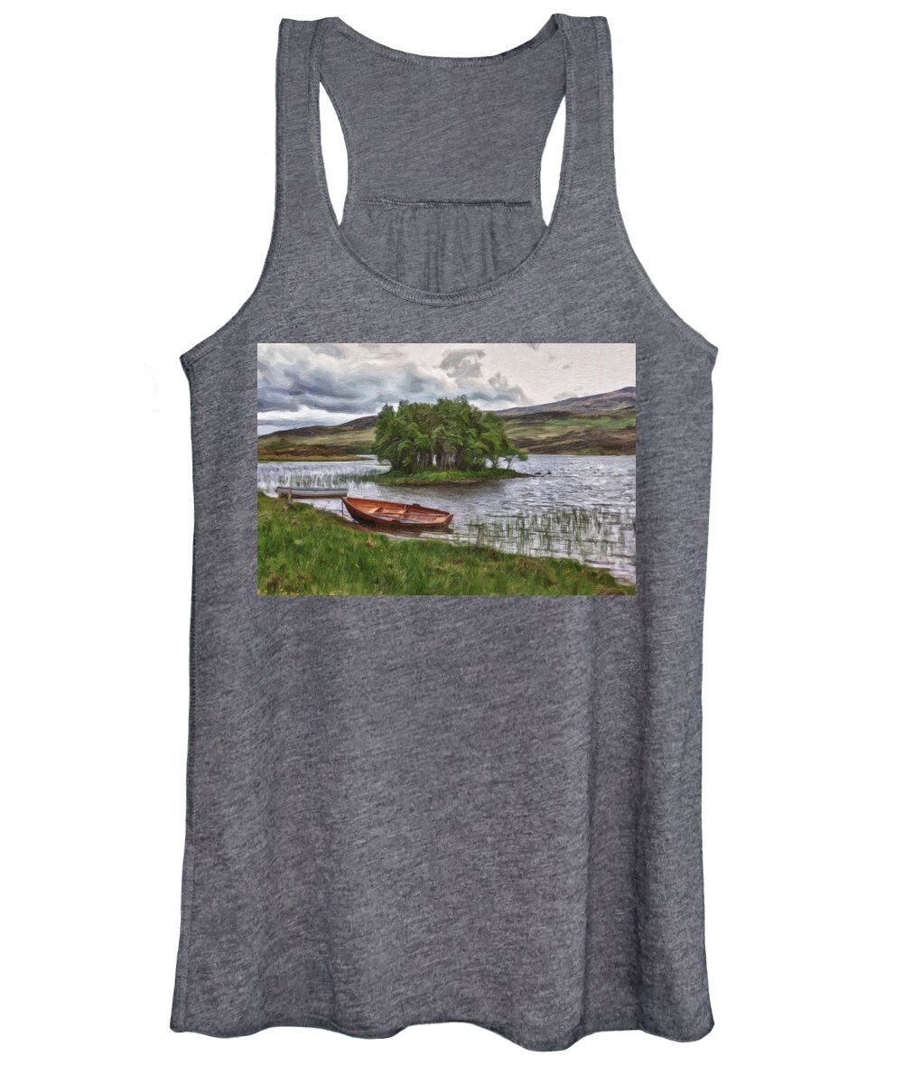 Bank Women's Tank Top featuring the painting Boat On Lake Bank 1929 by Dean Wittle