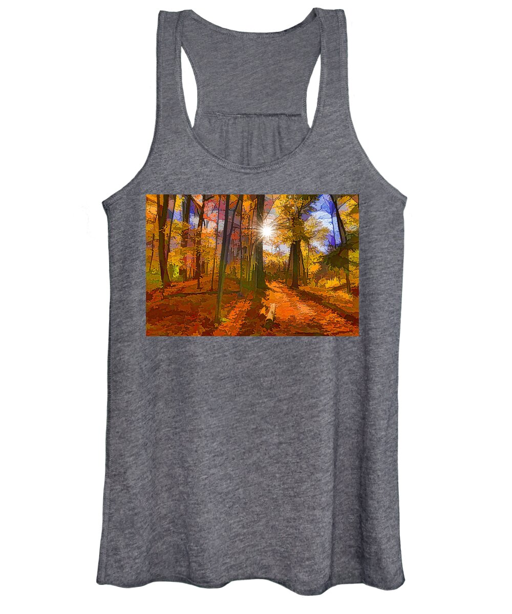 Impression Women's Tank Top featuring the digital art Bold and Colorful Autumn Forest Impression by Georgia Mizuleva