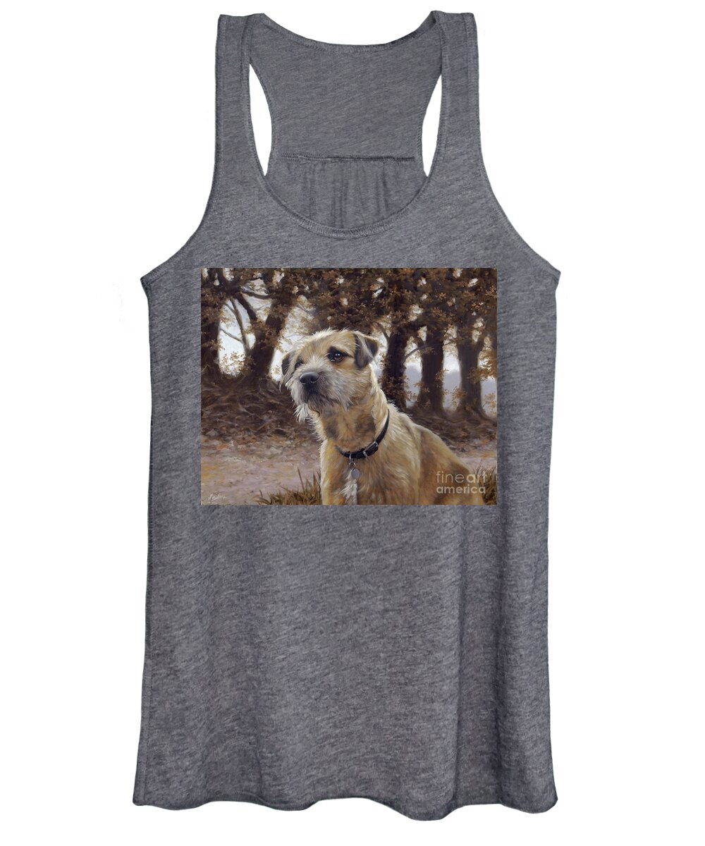 Dog Paintings Women's Tank Top featuring the painting Border Terrier in the woods by John Silver