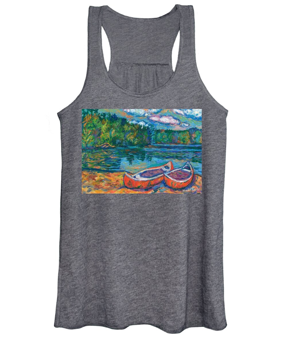 Landscape Women's Tank Top featuring the painting Canoes at Mountain Lake Sketch by Kendall Kessler