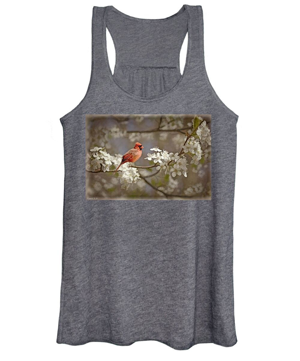 Cardinal Women's Tank Top featuring the photograph Cardinal and Blossoms by Bonnie Willis