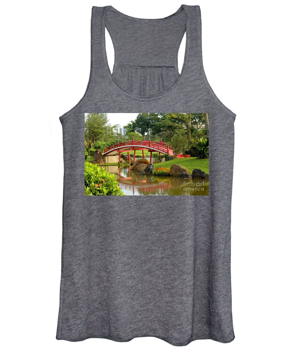 Bridge Women's Tank Top featuring the photograph Curved red Japanese bridge and stream Chinese Gardens Singapore by Imran Ahmed