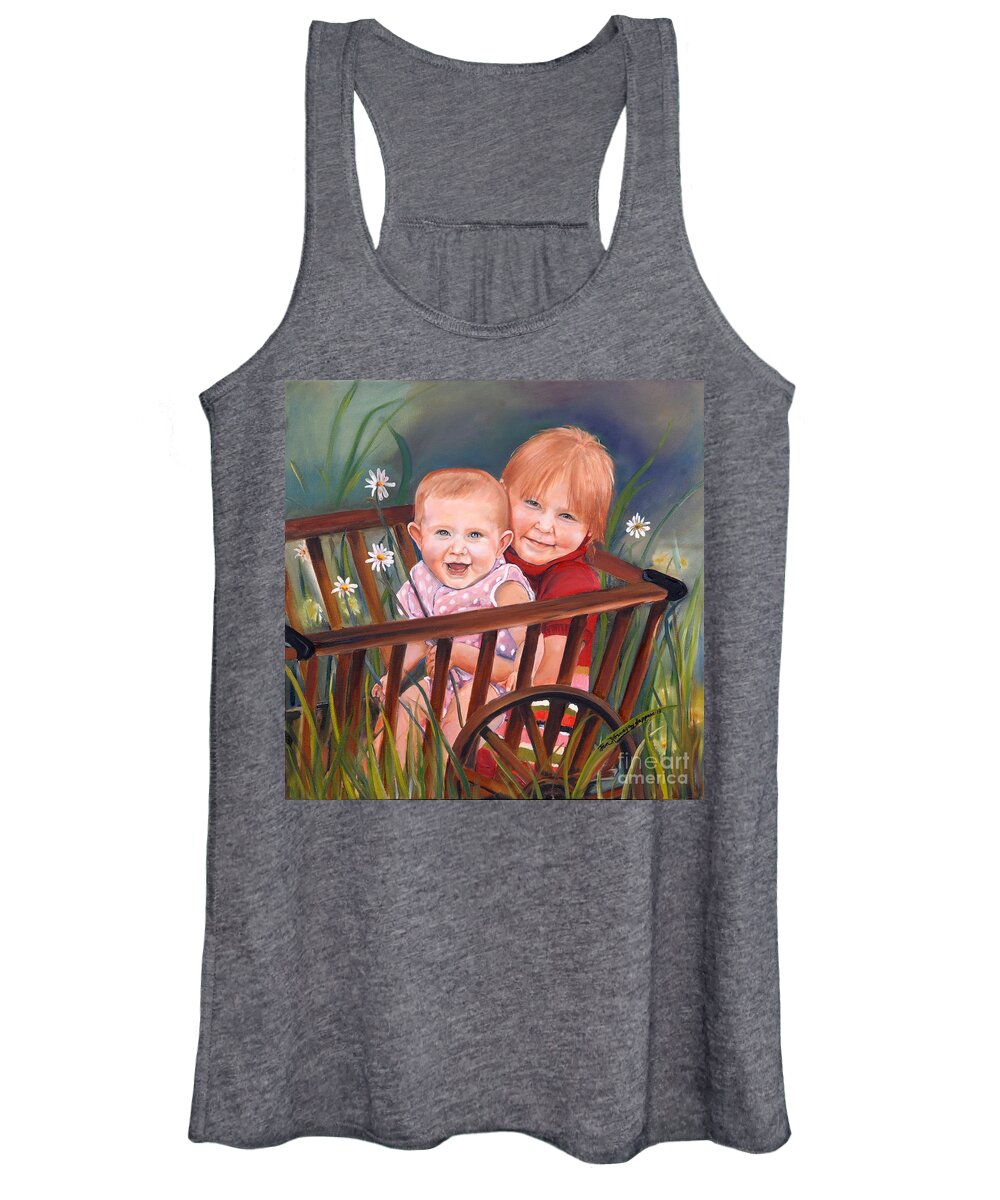 Portraits Women's Tank Top featuring the painting Daisy - Portrait - Girls in Wagon by Jan Dappen