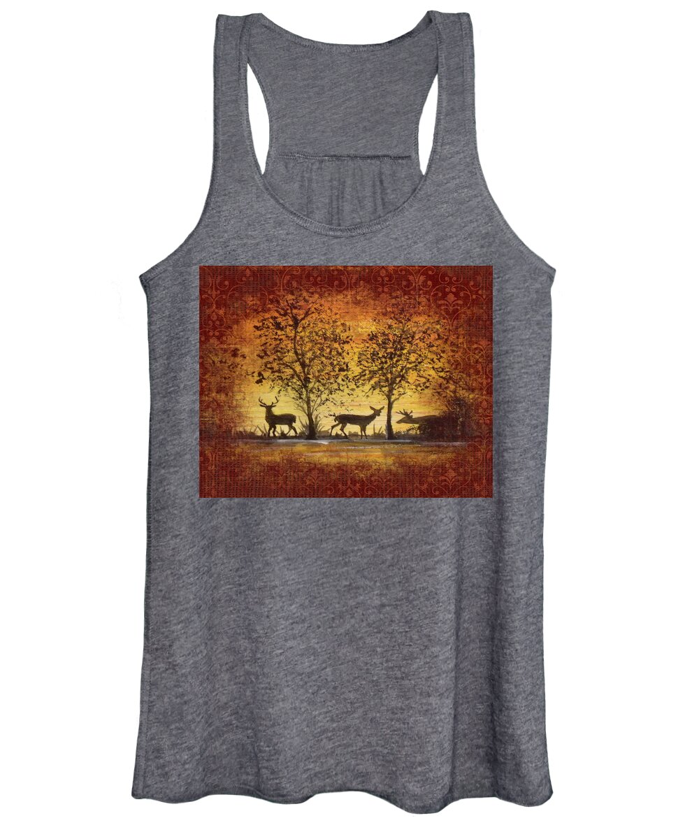 Deer Painting Women's Tank Top featuring the painting Deer at Sunset on Damask by Jean Plout