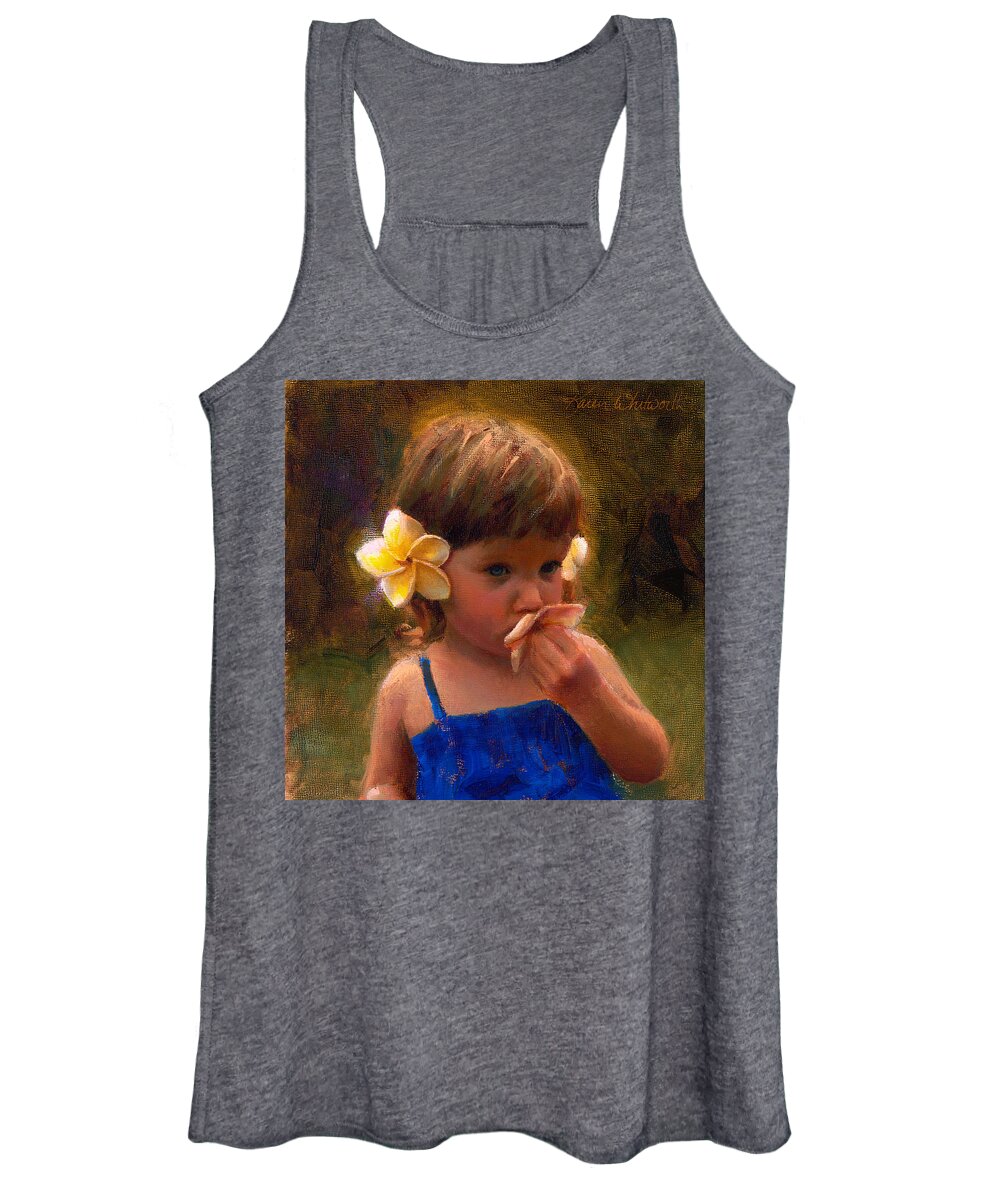 Plumeria Women's Tank Top featuring the painting Flower Girl - Tropical Portrait with Plumeria Flowers by K Whitworth