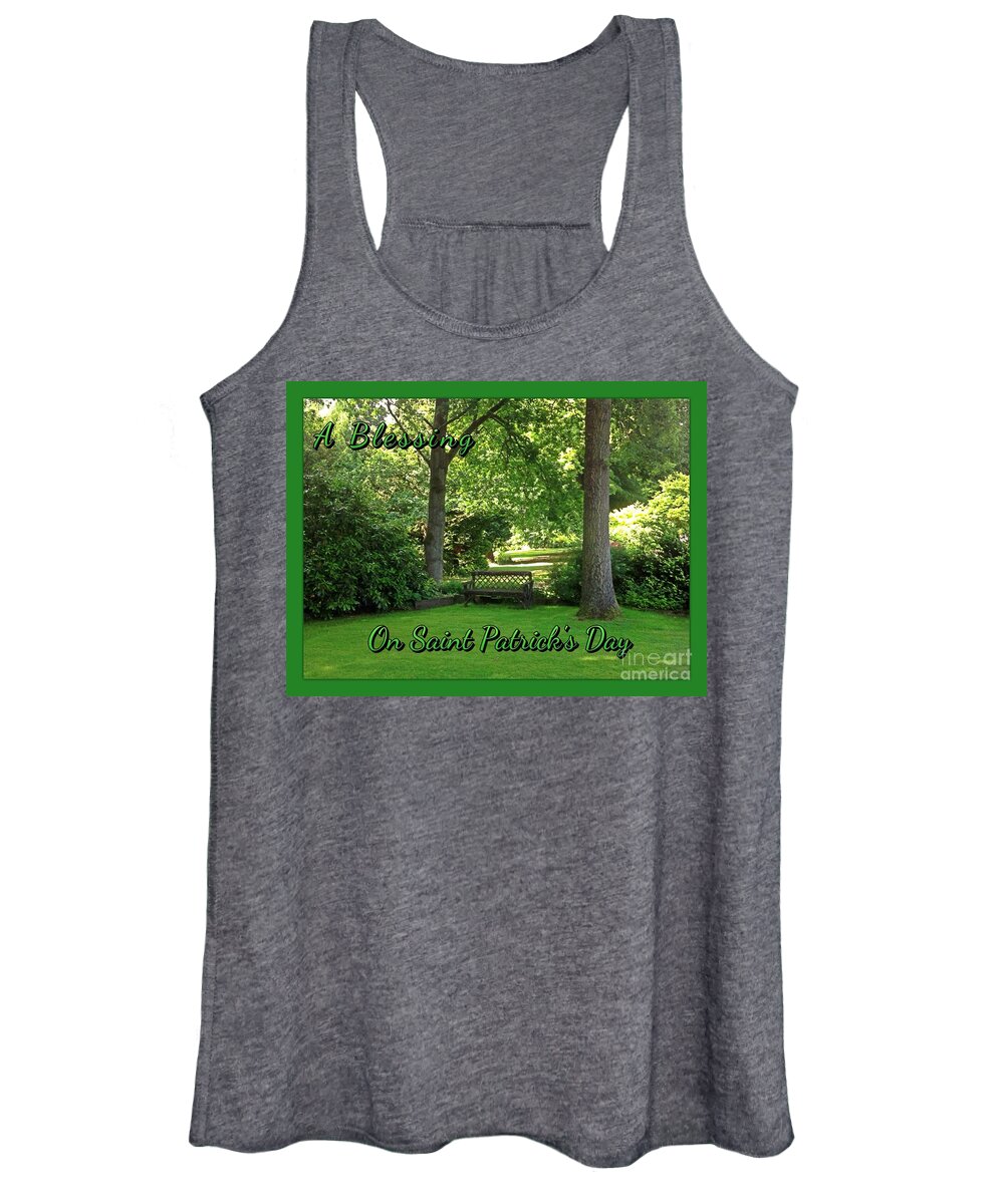 Garden Bench Women's Tank Top featuring the photograph Garden Bench on Saint Patrick's Day by Joan-Violet Stretch