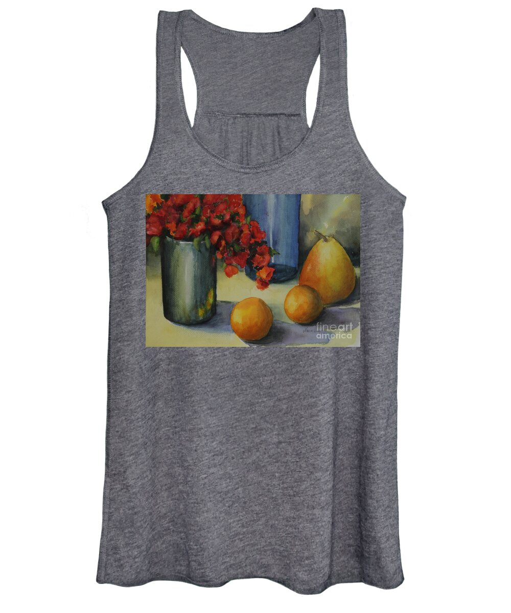 Pewter Vase Women's Tank Top featuring the photograph Geraniums with Pear and Oranges by Maria Hunt