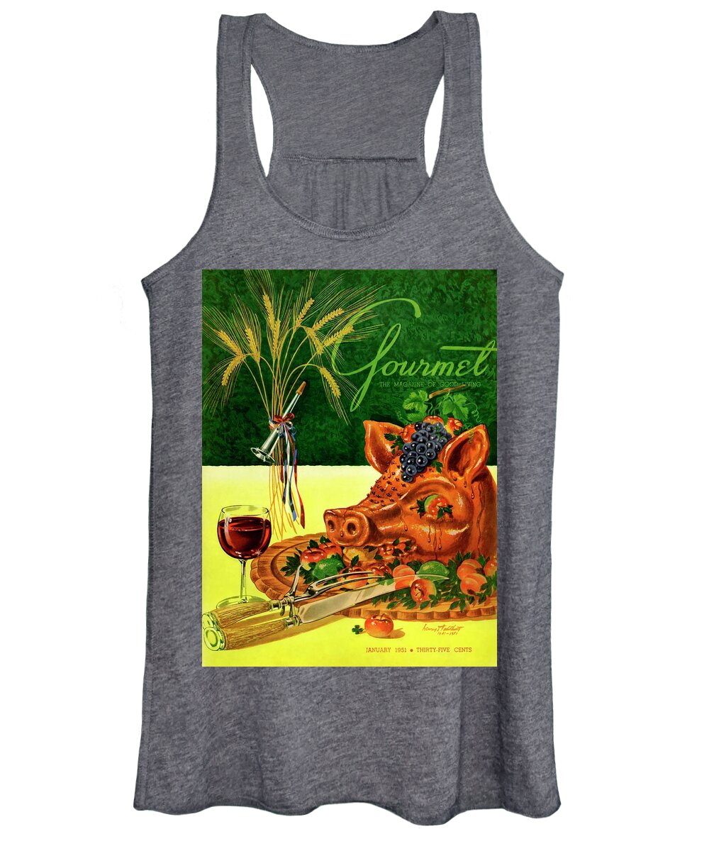 Illustration Women's Tank Top featuring the photograph Gourmet Cover Featuring A Pig's Head On A Platter by Henry Stahlhut
